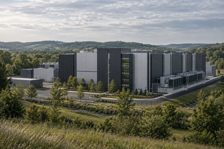 Conceptual modern data center set in green countryside