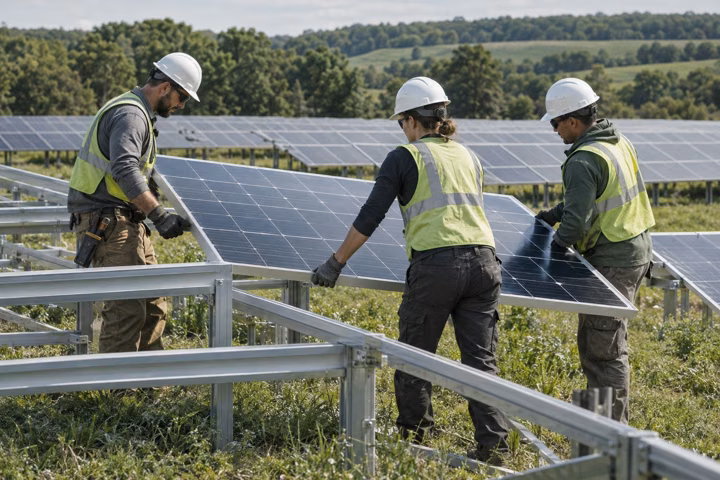 Conceptual illustration of a crew working together to install a ground-mounted solar panel