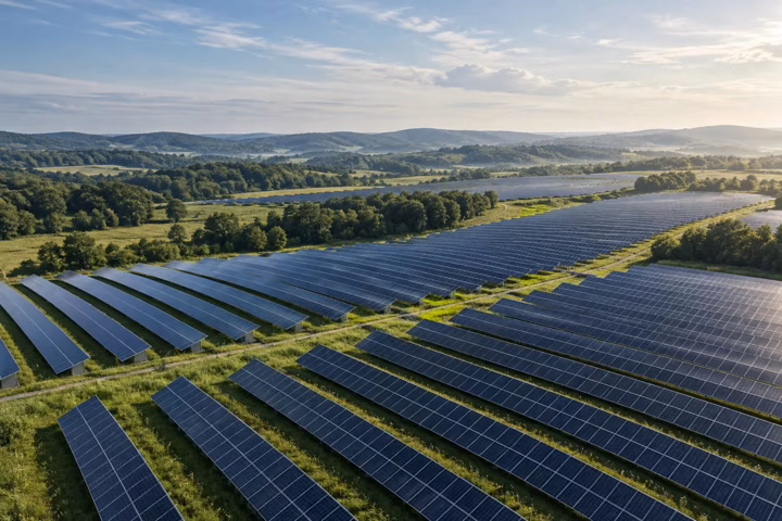 Conceptual aerial view of solar arrays following the contours of green countryside